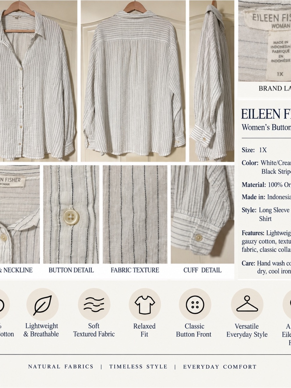 Eileen Fisher White/Cream Button-Up Shirt with Black Stripes - 1X